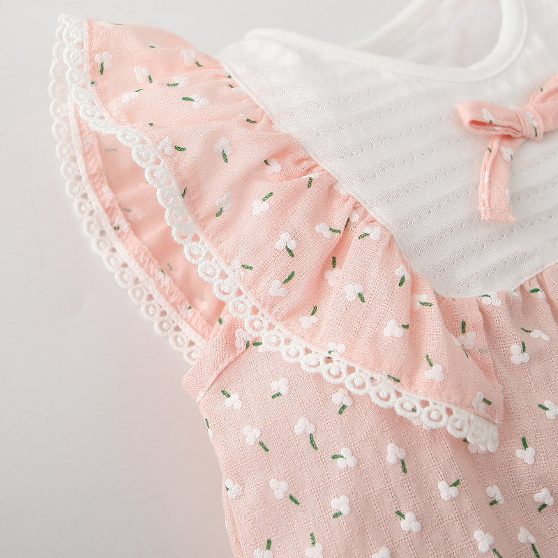 Baby Girl Little White Flowers Ruffled Sleeves Splicing Romper - 0616 - Little Kooma