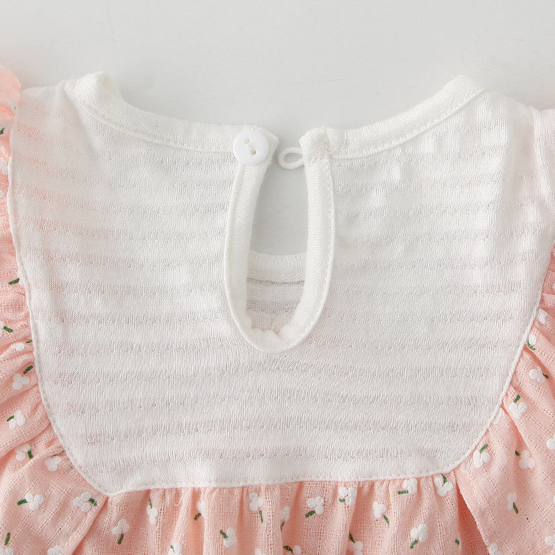 Baby Girl Little White Flowers Ruffled Sleeves Splicing Romper - 0616 - Little Kooma