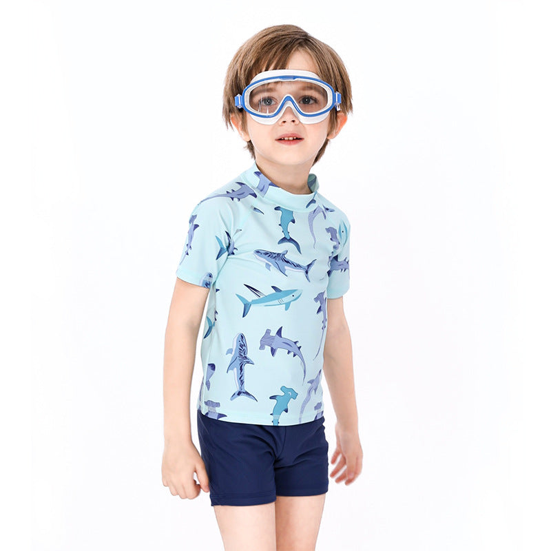 Baby Kids Boy's Shark Prints Short Sleeves Two Piece Swimming Suit Top Shorts n Free Cap 908041 - Little Kooma