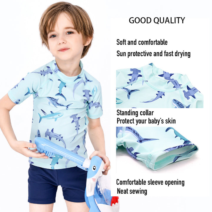 Baby Kids Boy's Shark Prints Short Sleeves Two Piece Swimming Suit Top Shorts n Free Cap 908041 - Little Kooma