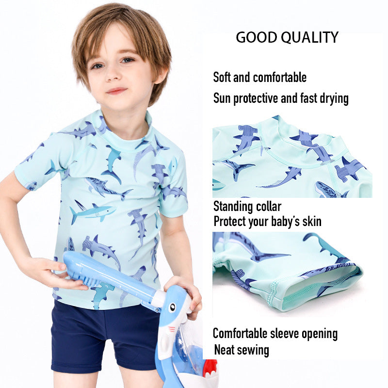 Baby Kids Boy's Shark Prints Short Sleeves Two Piece Swimming Suit Top Shorts n Free Cap 908041 - Little Kooma