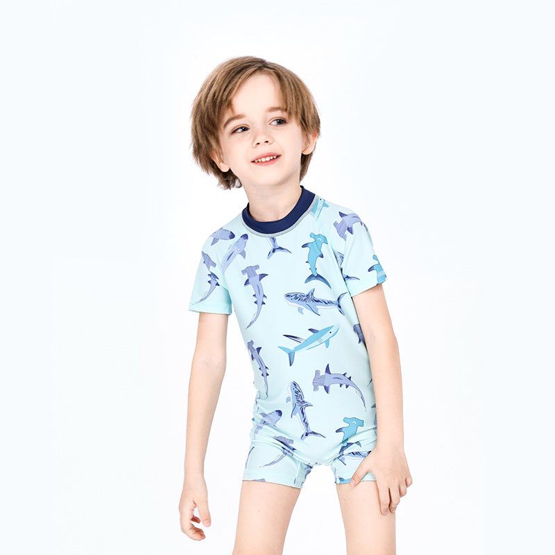 Baby Kids Boy's Shark Prints One Piece Blue Swimming Suit n Free Cap 908042 - Little Kooma