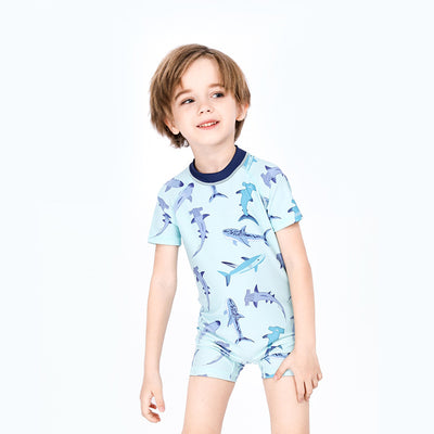Baby Kids Boy's Shark Prints One Piece Blue Swimming Suit n Free Cap 908042 - Little Kooma