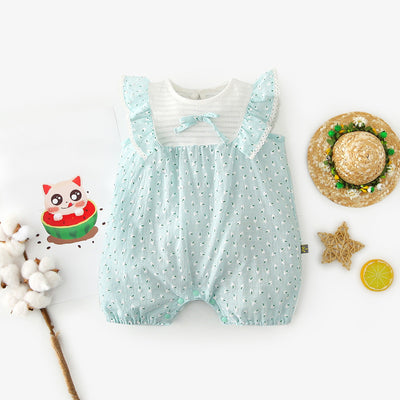 Baby Girl Little White Flowers Ruffled Sleeves Splicing Romper - 0616 - Little Kooma