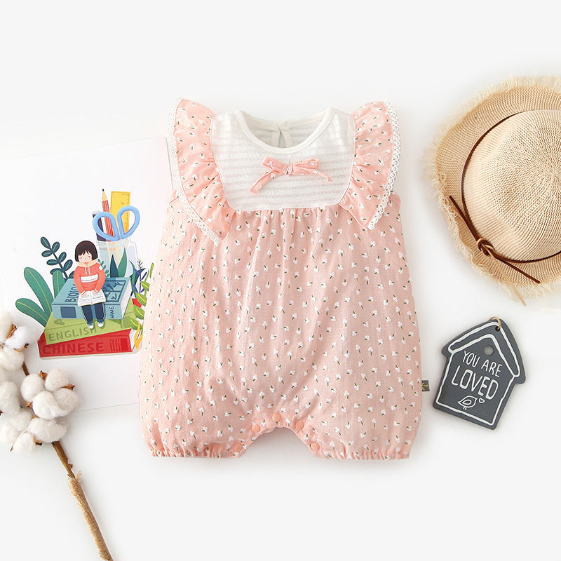 Baby Girl Little White Flowers Ruffled Sleeves Splicing Romper - 0616 - Little Kooma
