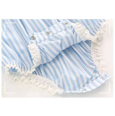 Baby Girl Blue Striped Lace Bodysuit n Headwrap 2 Piece Set - 0521 - Little Kooma