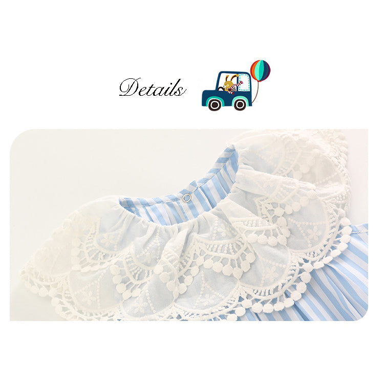 Baby Girl Blue Striped Lace Bodysuit n Headwrap 2 Piece Set - 0521 - Little Kooma
