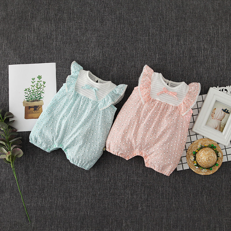 Baby Girl Little White Flowers Ruffled Sleeves Splicing Romper - 0616 - Little Kooma