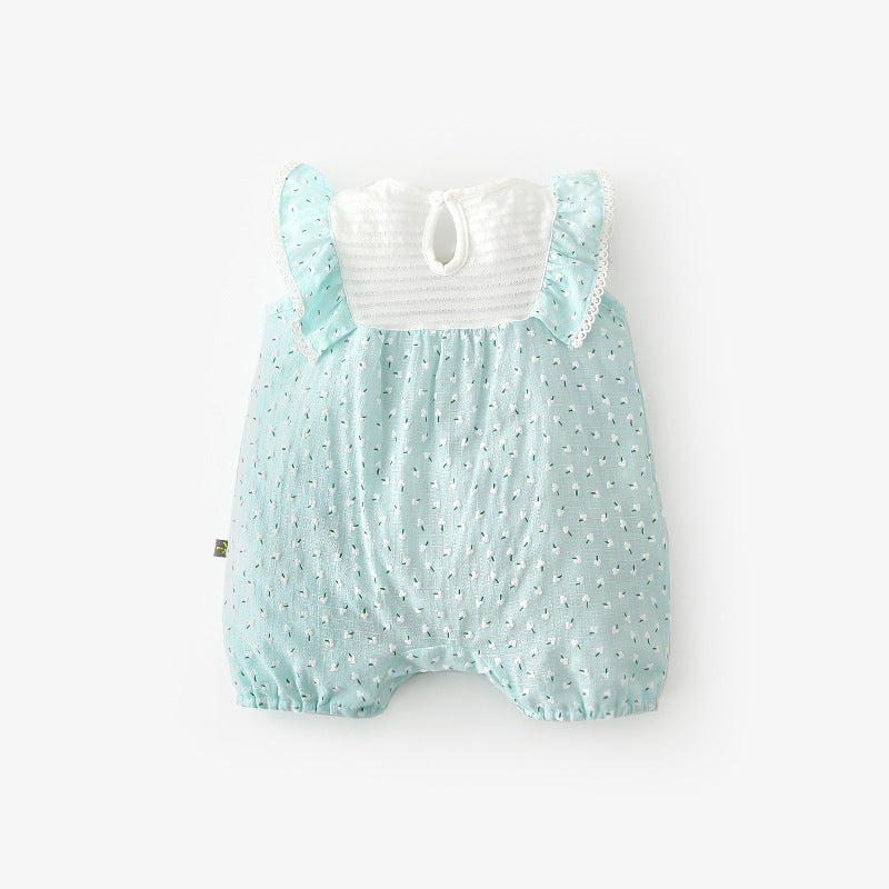 Baby Girl Little White Flowers Ruffled Sleeves Splicing Romper - 0616 - Little Kooma