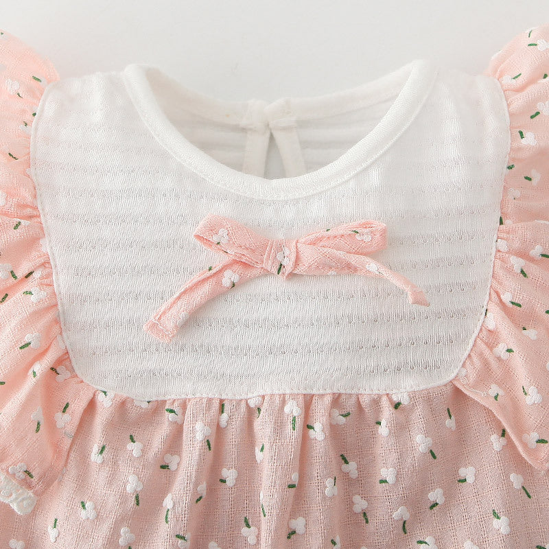 Baby Girl Little White Flowers Ruffled Sleeves Splicing Romper - 0616 - Little Kooma