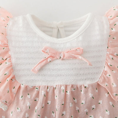 Baby Girl Little White Flowers Ruffled Sleeves Splicing Romper - 0616 - Little Kooma