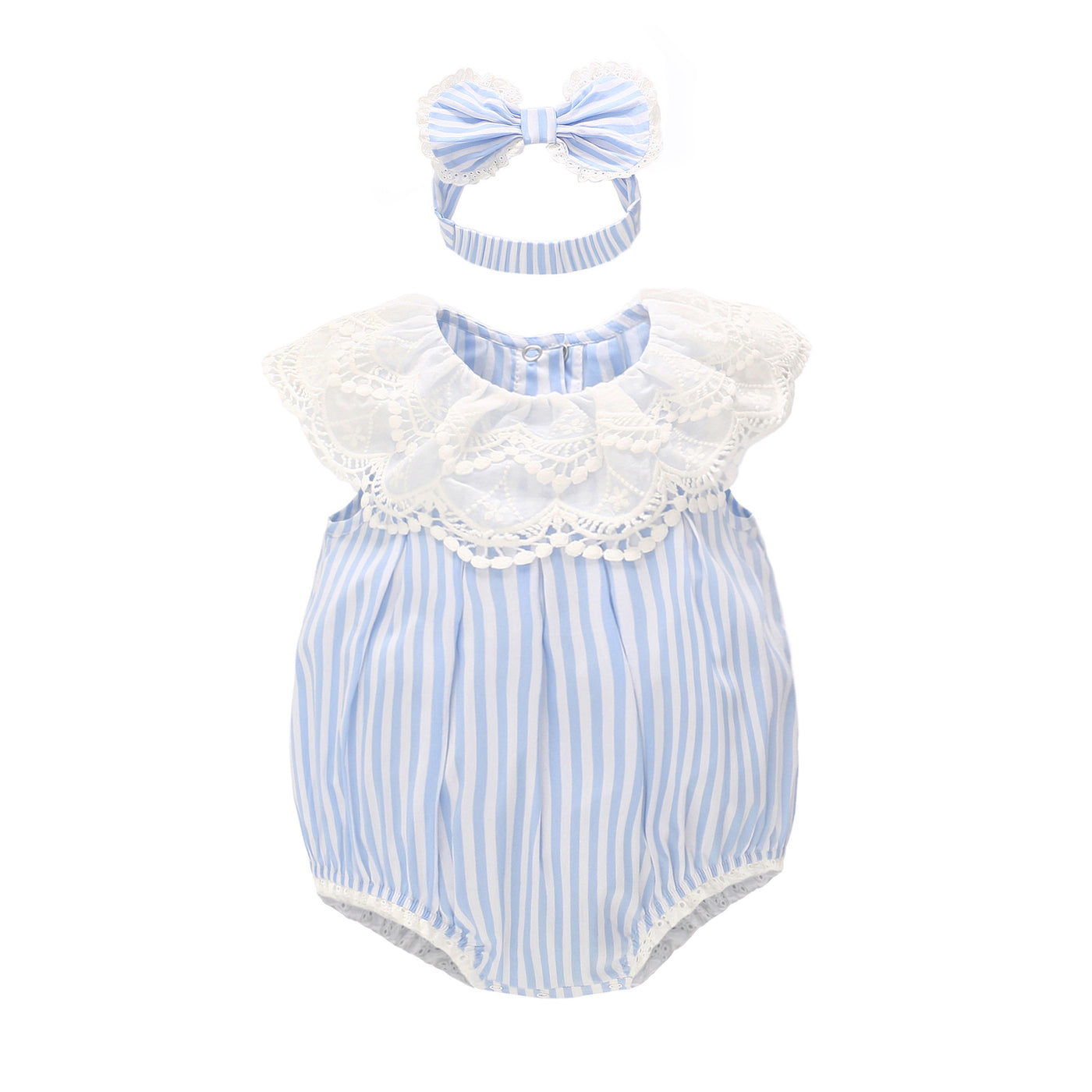 Baby Girl Blue Striped Lace Bodysuit n Headwrap 2 Piece Set - 0521 - Little Kooma