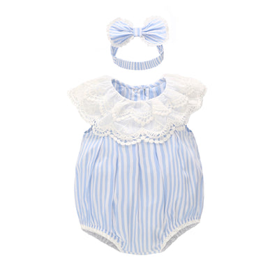 Baby Girl Blue Striped Lace Bodysuit n Headwrap 2 Piece Set - 0521 - Little Kooma