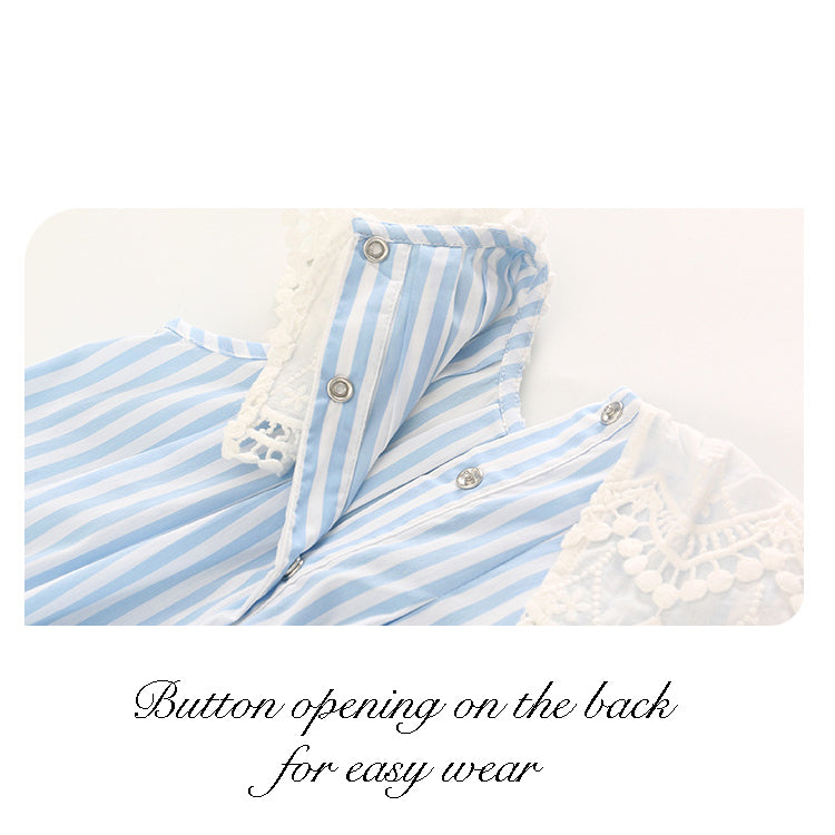 Baby Girl Blue Striped Lace Bodysuit n Headwrap 2 Piece Set - 0521 - Little Kooma
