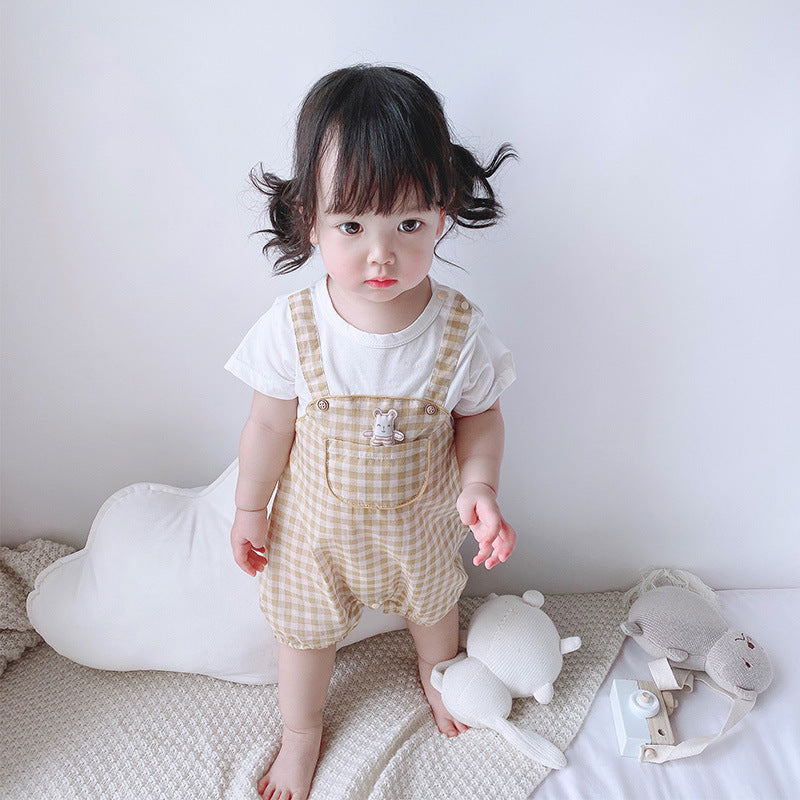 Baby Girl Fake Two Pieces Overall Plaid Romper - 0616 - Little Kooma