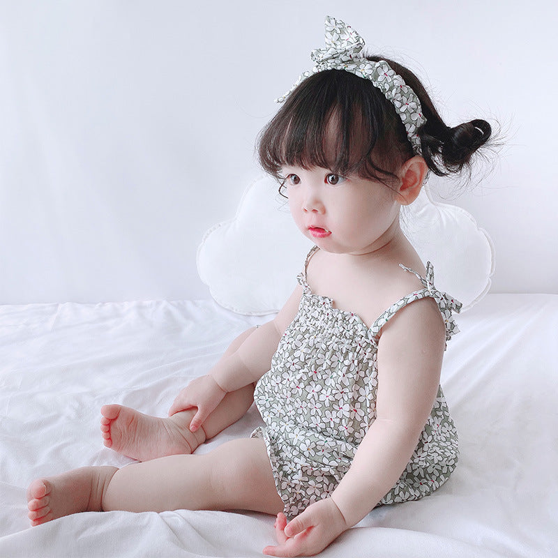 Baby Girl White Flowers Cami Romper n Headwrap Set - 0616 - Little Kooma