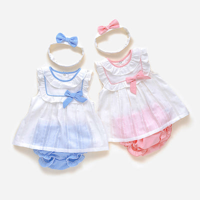 Baby Girl White Dress n Blue/Pink Knicker n Headwrap Set - 0611 - Little Kooma