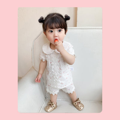 Baby Girl's Collar Lace Top n Shorts w Flowers 2 Piece Set - 0524 - Little Kooma