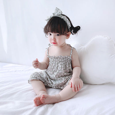 Baby Girl White Flowers Cami Romper n Headwrap Set - 0616 - Little Kooma