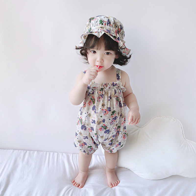 Baby Girl Flowers Cami Romper n Hat Set - 0616 - Little Kooma