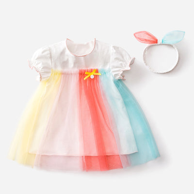 Baby Girl Bodysuit Dress Kids Girl Rainbow Voile Dress n Headwrap 2 Piece Set - 0521 - Little Kooma