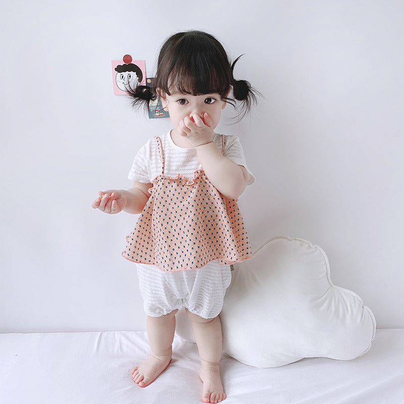 Baby Girl Fake Two Pieces Dotted Camisole Top Romper - 0616 - Little Kooma