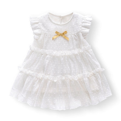 Baby Girl White Lace Dress w Yellow Bowtie - 0611 - Little Kooma
