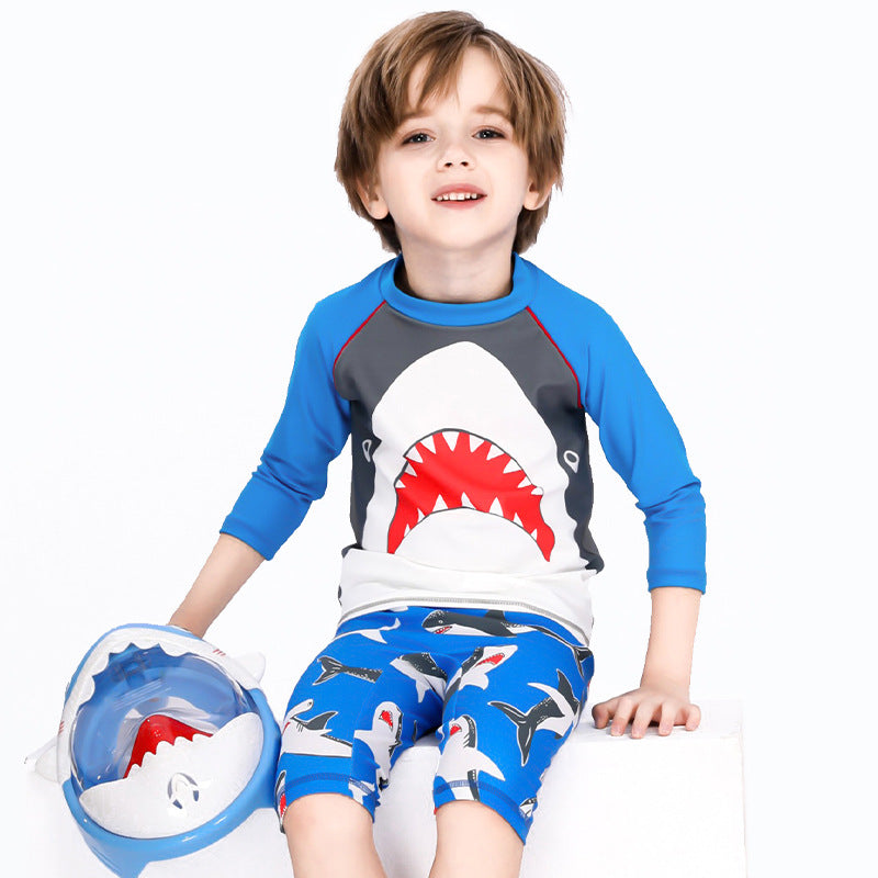 Baby Kids Boy's Big Mouth Shark Long Sleeves Two Piece Swimming Suit Top Shorts n Free Cap 908030 - Little Kooma