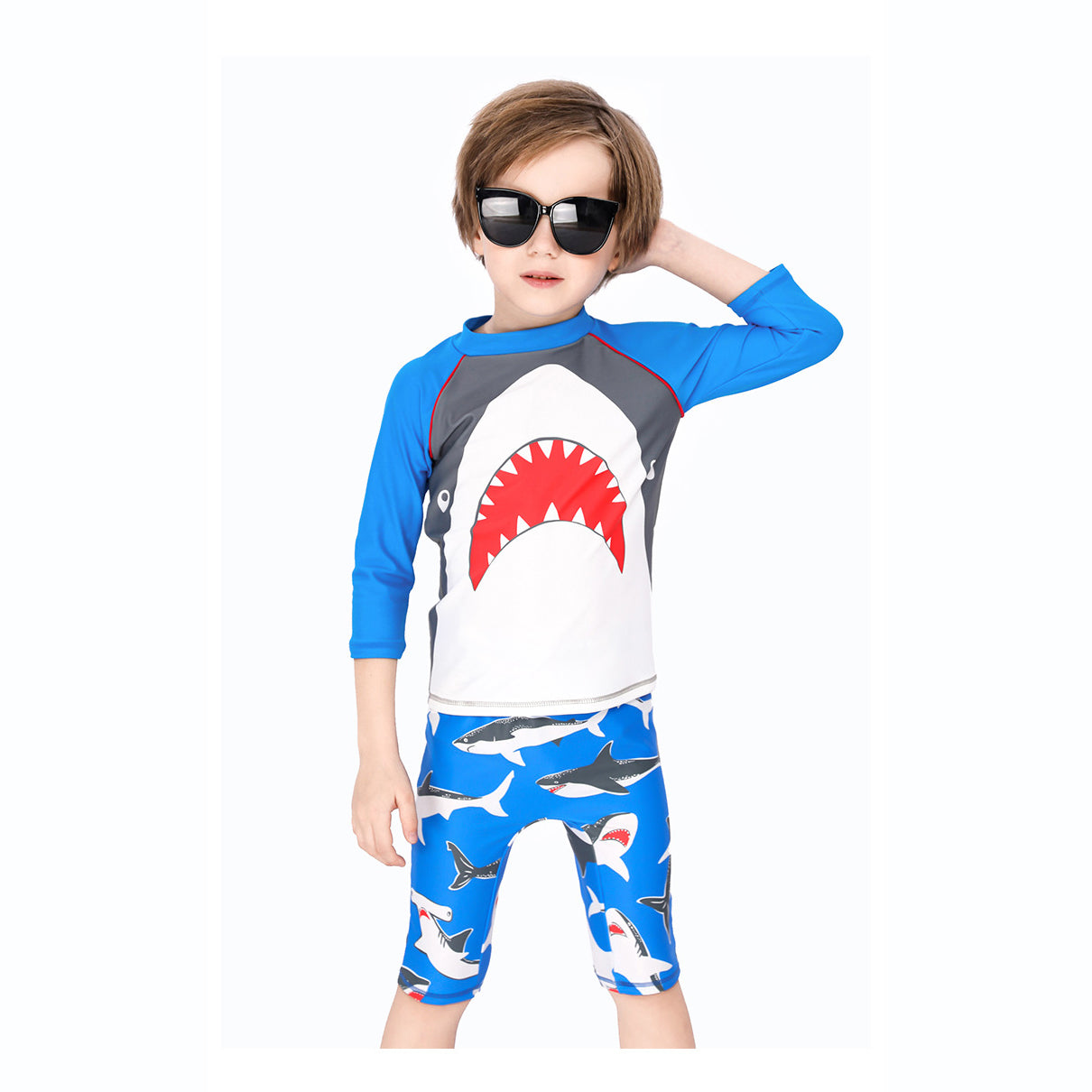 Baby Kids Boy's Big Mouth Shark Long Sleeves Two Piece Swimming Suit Top Shorts n Free Cap 908030 - Little Kooma