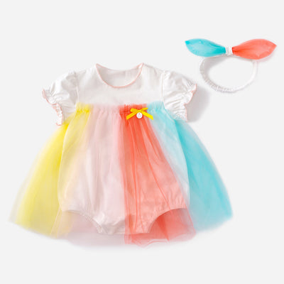 Baby Girl Bodysuit Dress Kids Girl Rainbow Voile Dress n Headwrap 2 Piece Set - 0521 - Little Kooma