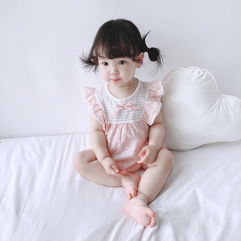 Baby Girl Little White Flowers Ruffled Sleeves Splicing Romper - 0616 - Little Kooma