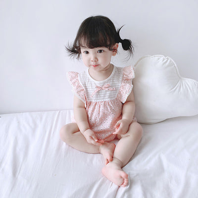 Baby Girl Little White Flowers Ruffled Sleeves Splicing Romper - 0616 - Little Kooma