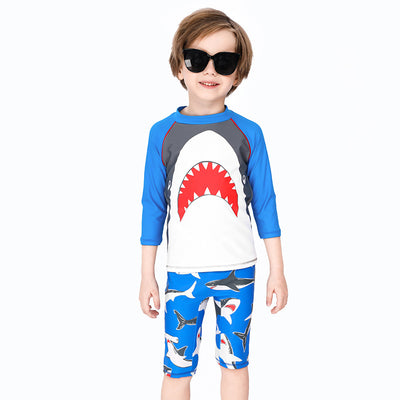 Baby Kids Boy's Big Mouth Shark Long Sleeves Two Piece Swimming Suit Top Shorts n Free Cap 908030 - Little Kooma