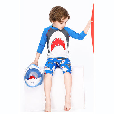 Baby Kids Boy's Big Mouth Shark Long Sleeves Two Piece Swimming Suit Top Shorts n Free Cap 908030 - Little Kooma