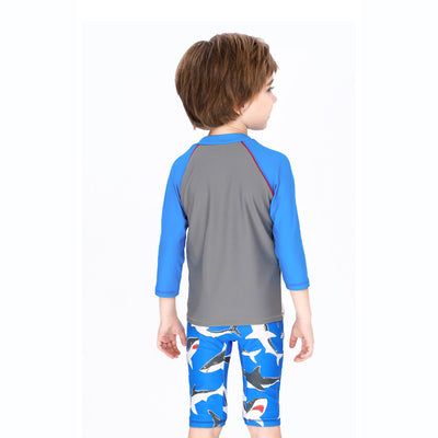 Baby Kids Boy's Big Mouth Shark Long Sleeves Two Piece Swimming Suit Top Shorts n Free Cap 908030 - Little Kooma