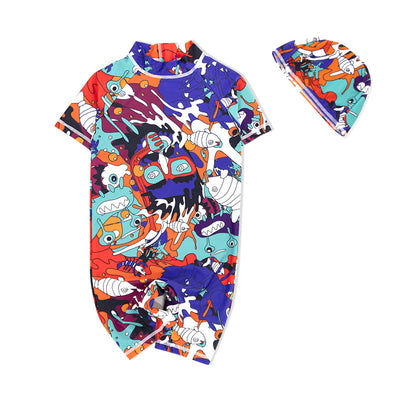 Baby Kids Boy Girl's Printed One Piece Swimming Suit n Free Cap 718156-10 Pineapple - Little Kooma