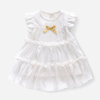 Baby Girl White Lace Dress w Yellow Bowtie - 0611 - Little Kooma