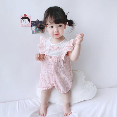 Baby Girl Little White Flowers Ruffled Sleeves Splicing Romper - 0616 - Little Kooma