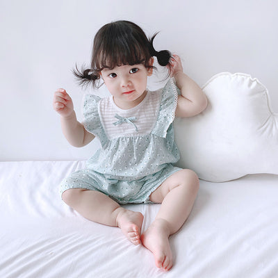 Baby Girl Little White Flowers Ruffled Sleeves Splicing Romper - 0616 - Little Kooma