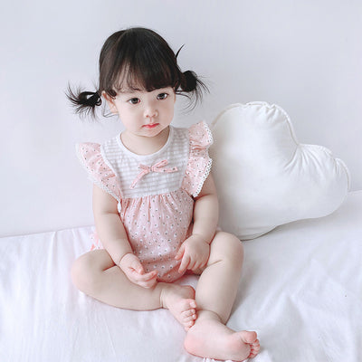 Baby Girl Little White Flowers Ruffled Sleeves Splicing Romper - 0616 - Little Kooma