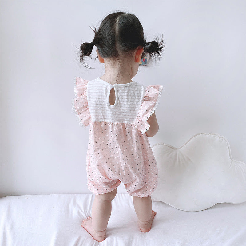 Baby Girl Little White Flowers Ruffled Sleeves Splicing Romper - 0616 - Little Kooma