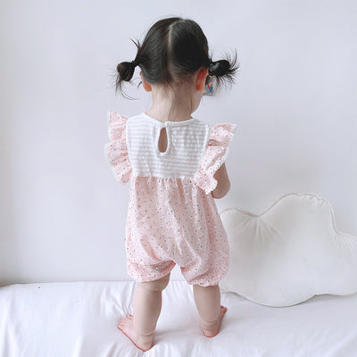 Baby Girl Little White Flowers Ruffled Sleeves Splicing Romper - 0616 - Little Kooma