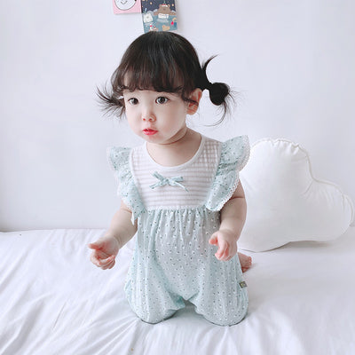 Baby Girl Little White Flowers Ruffled Sleeves Splicing Romper - 0616 - Little Kooma