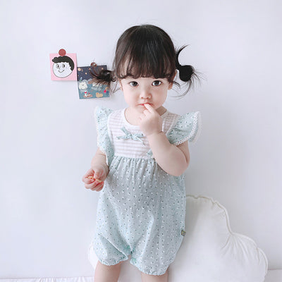 Baby Girl Little White Flowers Ruffled Sleeves Splicing Romper - 0616 - Little Kooma