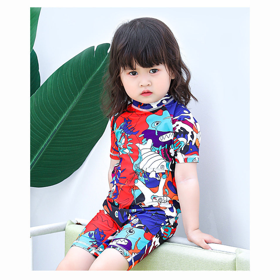 Baby Kids Boy Girl's Printed One Piece Swimming Suit n Free Cap 718156-06 Caricature - Little Kooma
