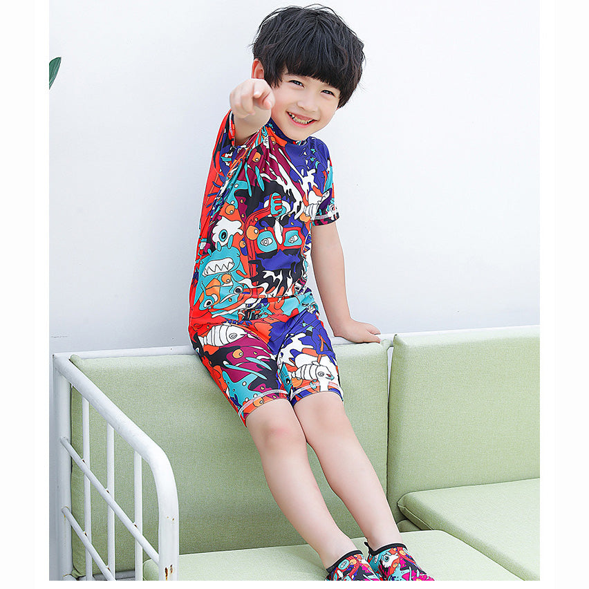 Baby Kids Boy Girl's Printed One Piece Swimming Suit n Free Cap 718156-08 Cactus - Little Kooma