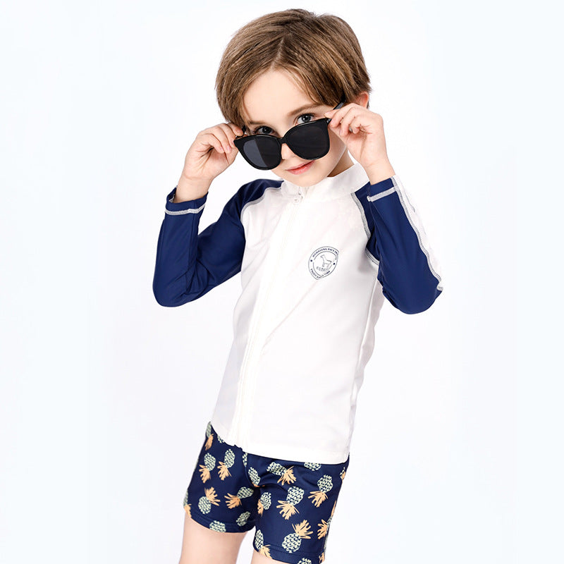 Baby Kids Boy's White & Dark Blue Stripes Long Sleeves Pineapple Prints Shorts Two Piece Swimming Suit Top Shorts n Free Cap 908037 - Little Kooma