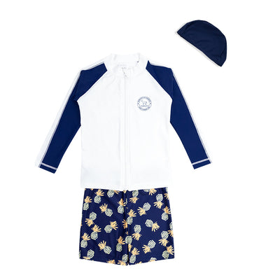 Baby Kids Boy's White & Dark Blue Stripes Long Sleeves Pineapple Prints Shorts Two Piece Swimming Suit Top Shorts n Free Cap 908037 - Little Kooma