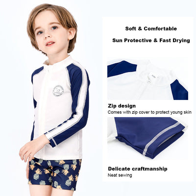 Baby Kids Boy's White & Dark Blue Stripes Long Sleeves Pineapple Prints Shorts Two Piece Swimming Suit Top Shorts n Free Cap 908037 - Little Kooma