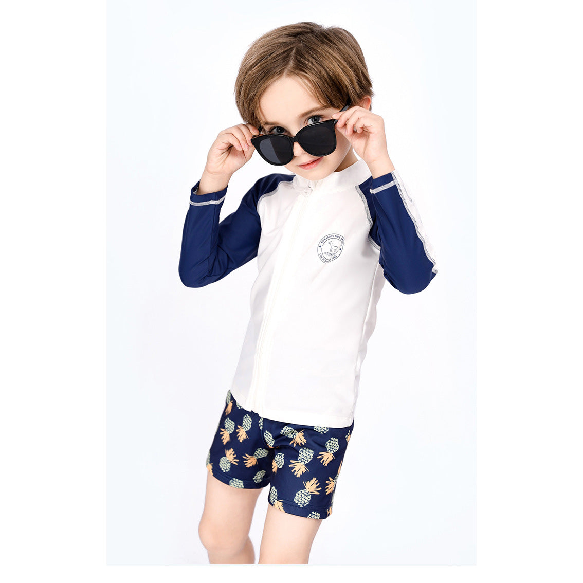 Baby Kids Boy's White & Dark Blue Stripes Long Sleeves Pineapple Prints Shorts Two Piece Swimming Suit Top Shorts n Free Cap 908037 - Little Kooma